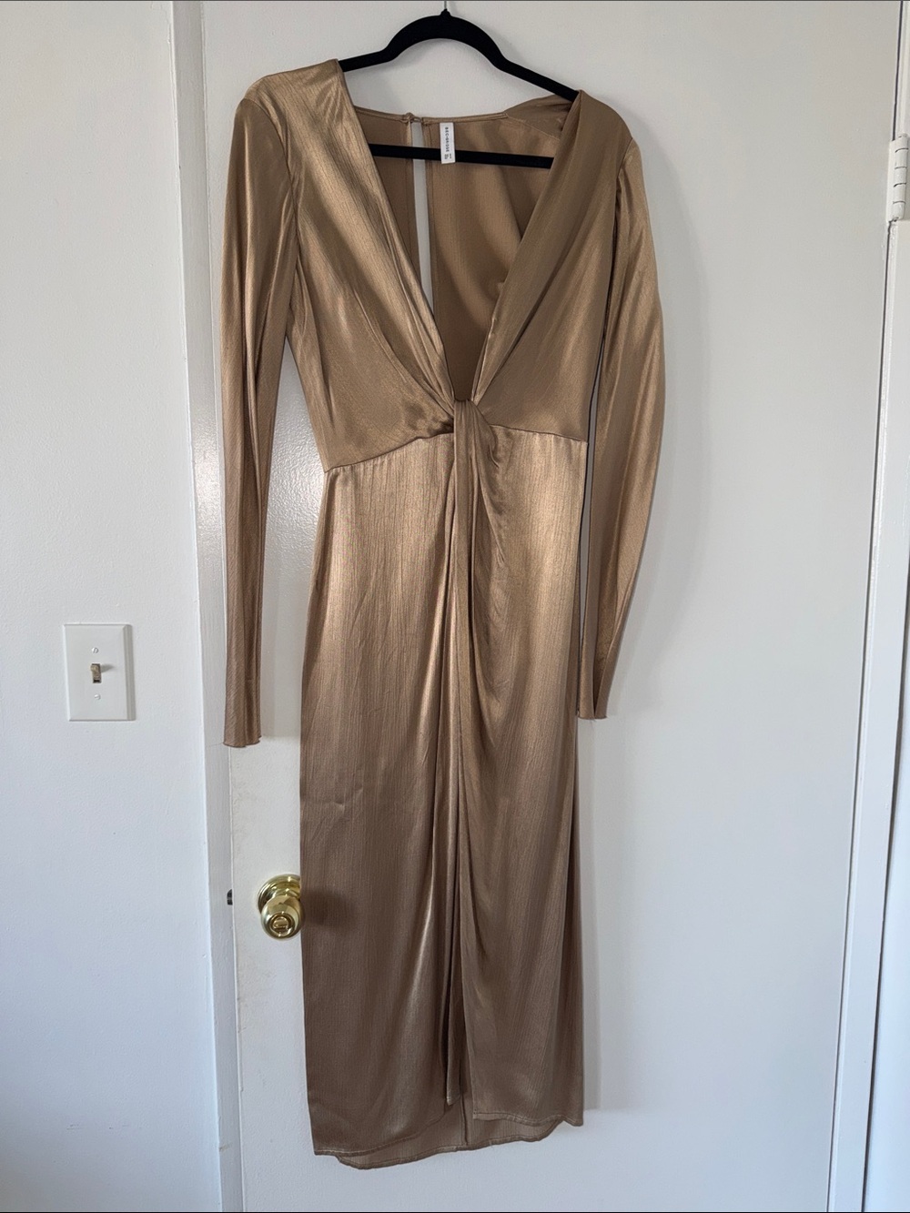 Long Sleeve Metallic Gold Twist-Front Midi Dress